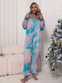 Thumbnail for Zip Front Long Sleeve Hooded Teddy Lounge Jumpsuit - T - 1 COLOR/3 TIE DYES -