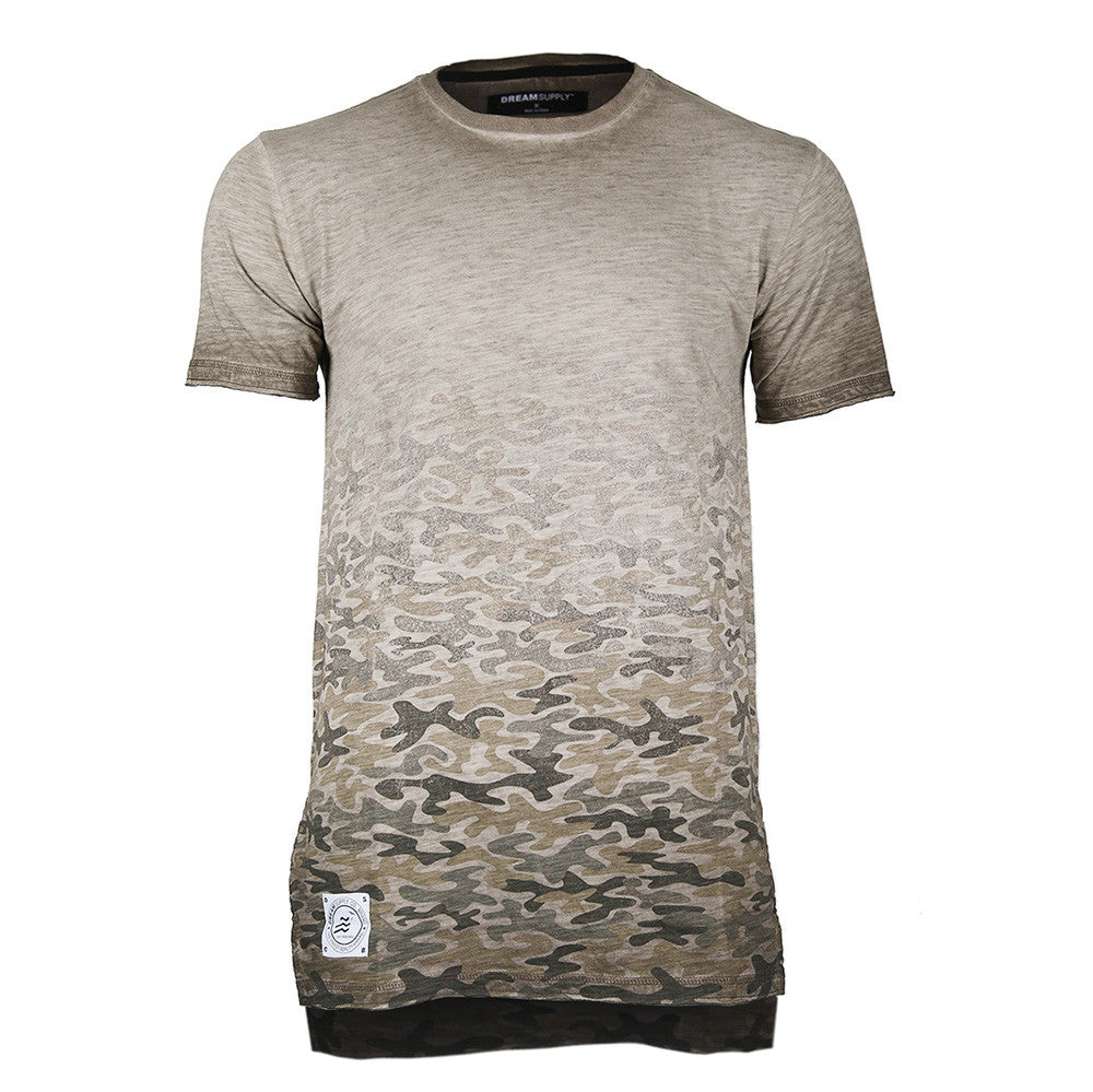 Men's Short Sleeve Camouflage Longline Side Slit Oil Wash T-Shirt - 1 COLOR