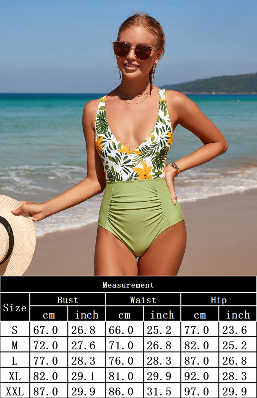 Women's Sexy Print Deep V Gathered Cross Strap Backless One Piece Swimsuit - K - 5 COLOR SCHEMES -