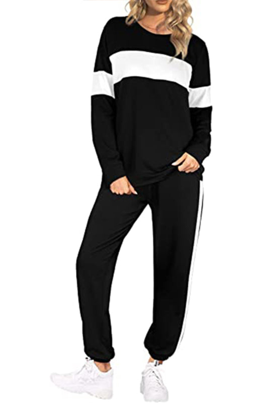 Women's Fashion Loose Casual Round Neck Striped Colorblock Sweater Suit - K - 2 PC. SET - 5 COLORS -