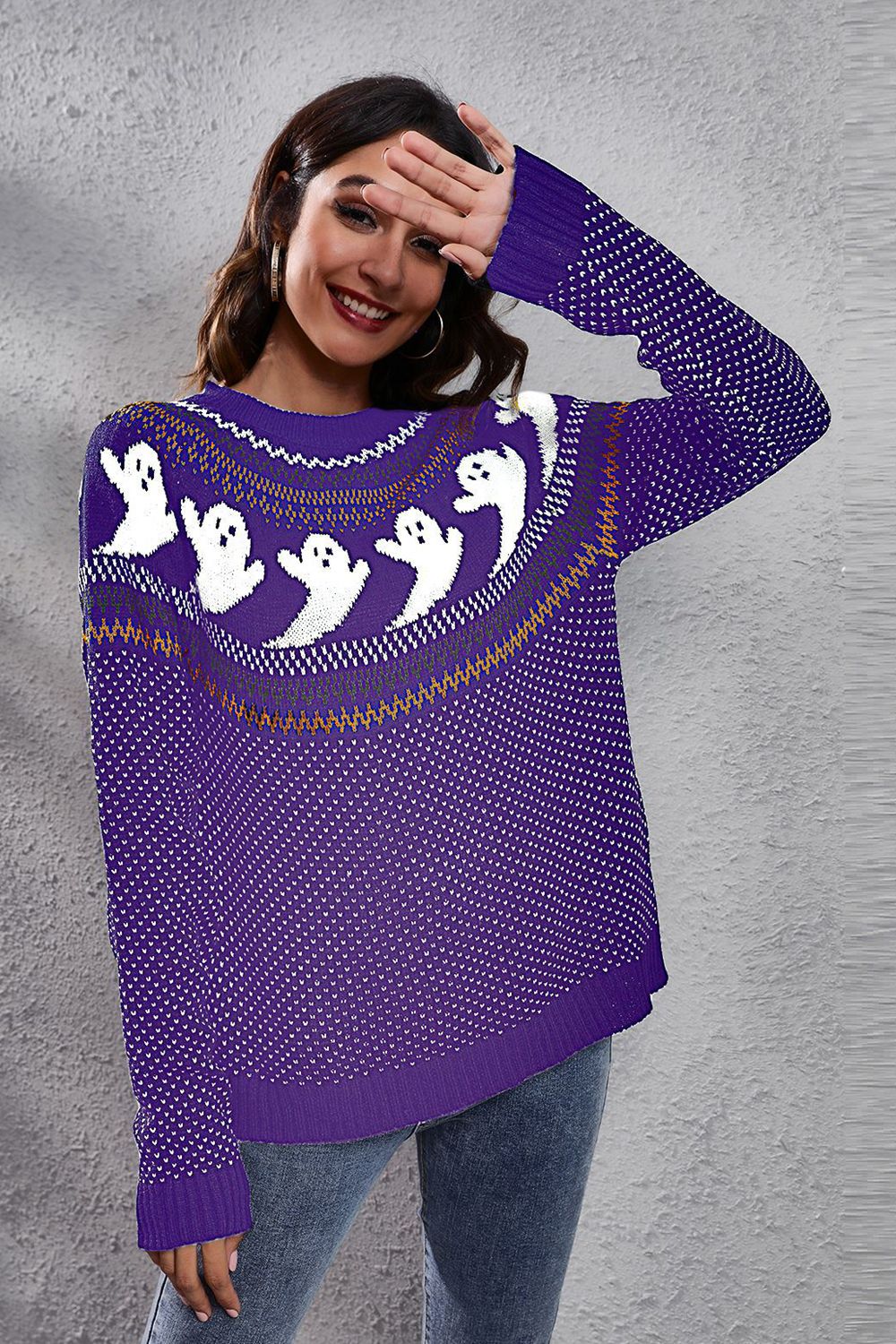 Ghost Pattern Round Neck Long Sleeve Sweater - T - 7 COLORS -