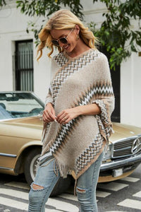 Thumbnail for Fringe Hem Striped Cape Sleeve Poncho - T - 5 COLORS -