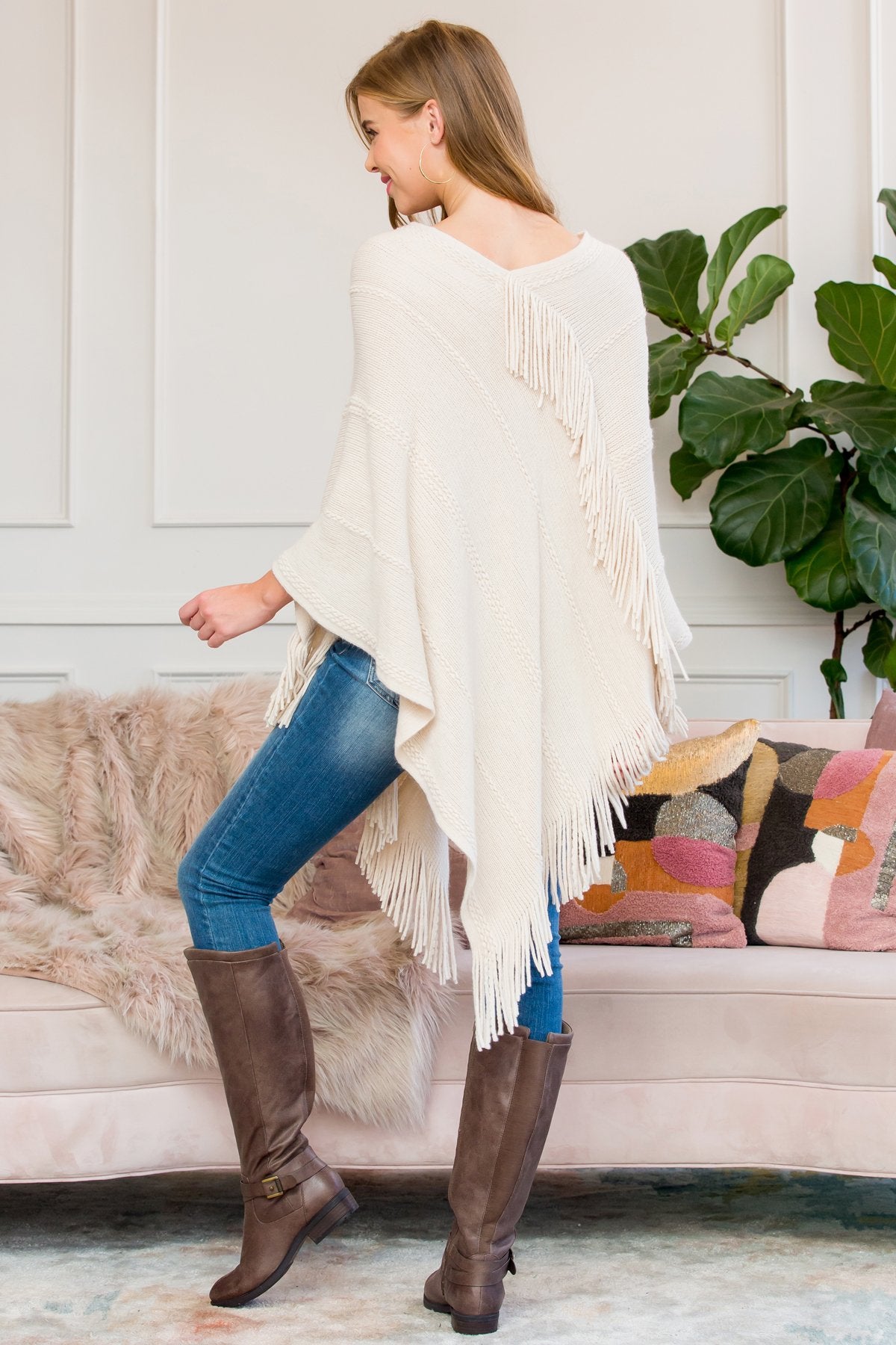 Riah Fashion - Beige Asymmetric Fringe Poncho - 1 COLOR -