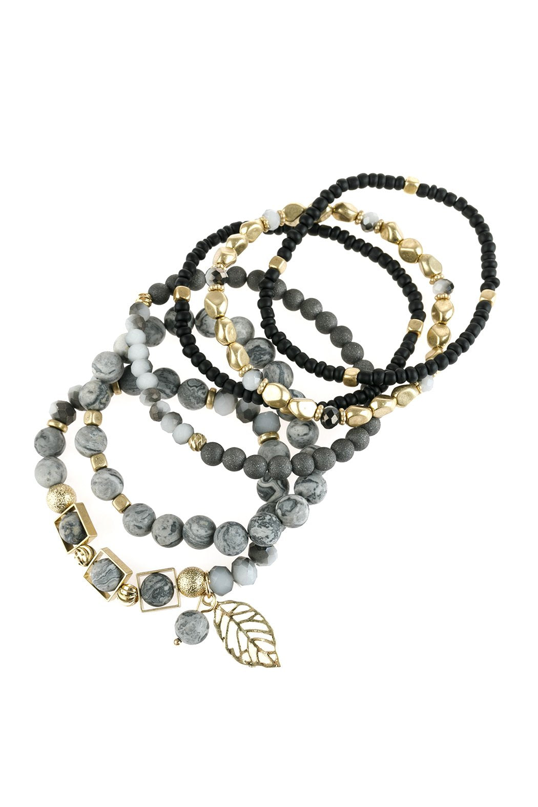 Natural Stone Mixed Beads Leaf Charm Bracelet - 5 COLORS