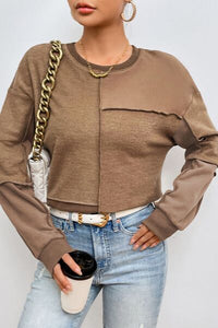 Thumbnail for Exposed Seam Round Neck Long Sleeve Sweatshirt - T - 1 COLOR -