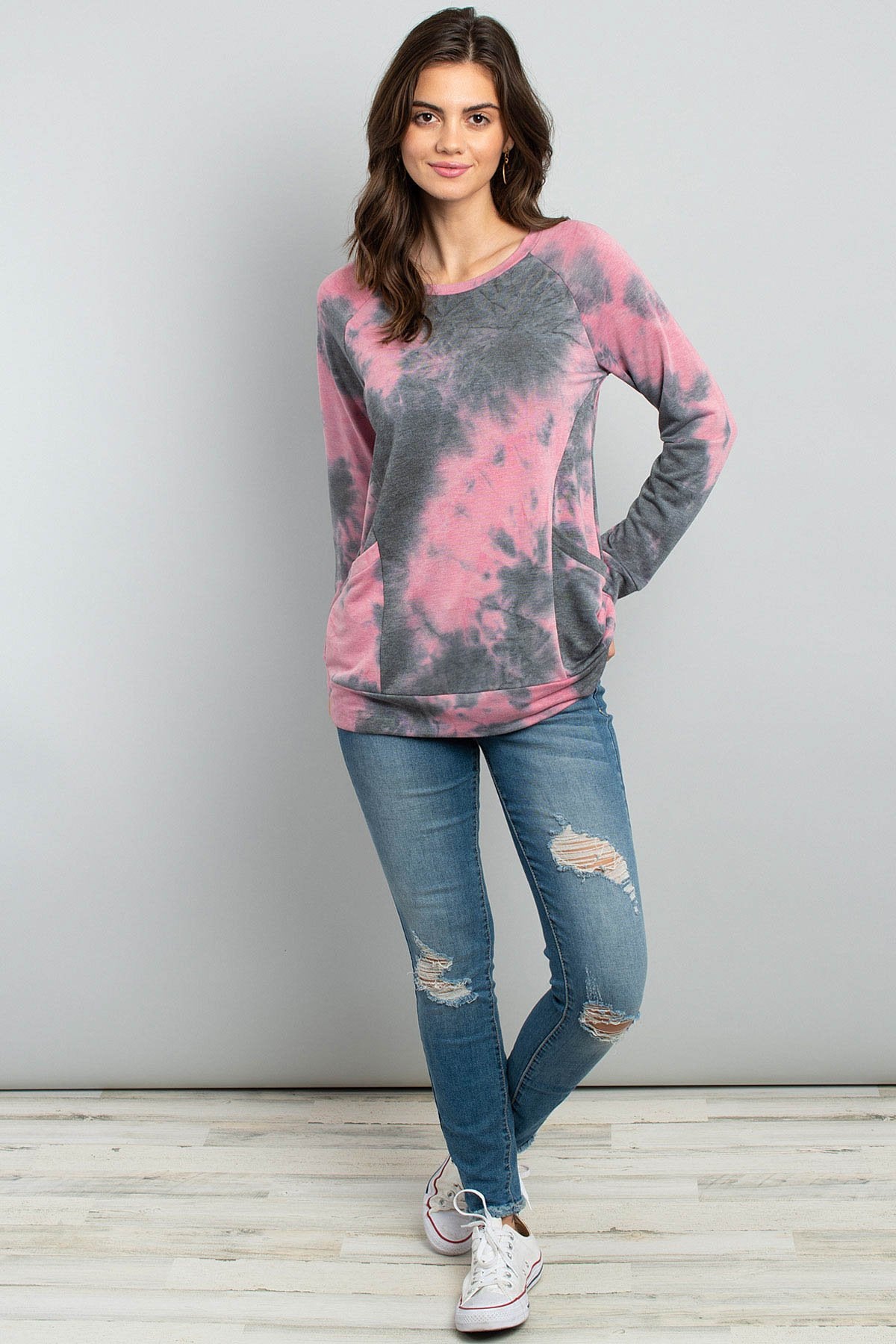 Riah Fashion - Tie Dye Long Sleeve Top With Kangaroo Pocket - 4 COLORS -