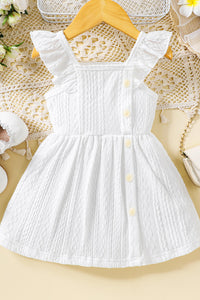 Thumbnail for Baby Girl Decorative Button Ruffle Shoulder Textured Dress - T - 5 SIZES - 1 COLOR -