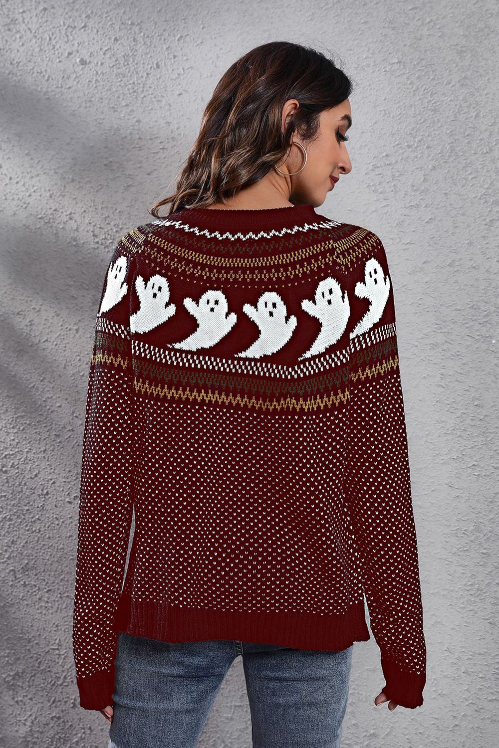 Ghost Pattern Round Neck Long Sleeve Sweater - T - 7 COLORS -