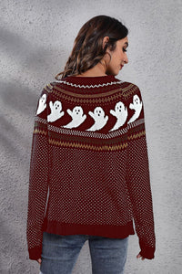 Thumbnail for Ghost Pattern Round Neck Long Sleeve Sweater - T - 7 COLORS -