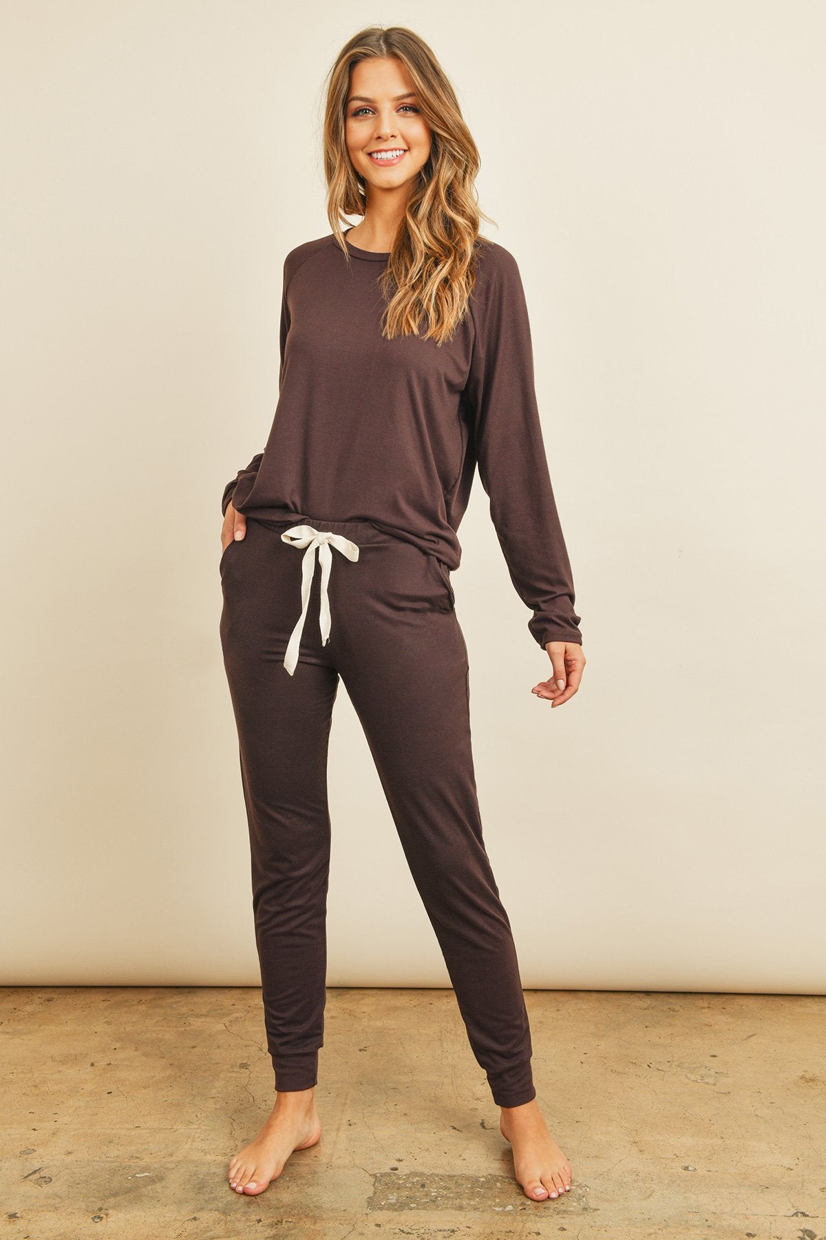 Riah Fashion - Solid Brushed Top and Jogger Set With Self Tie - 6 COLORS -