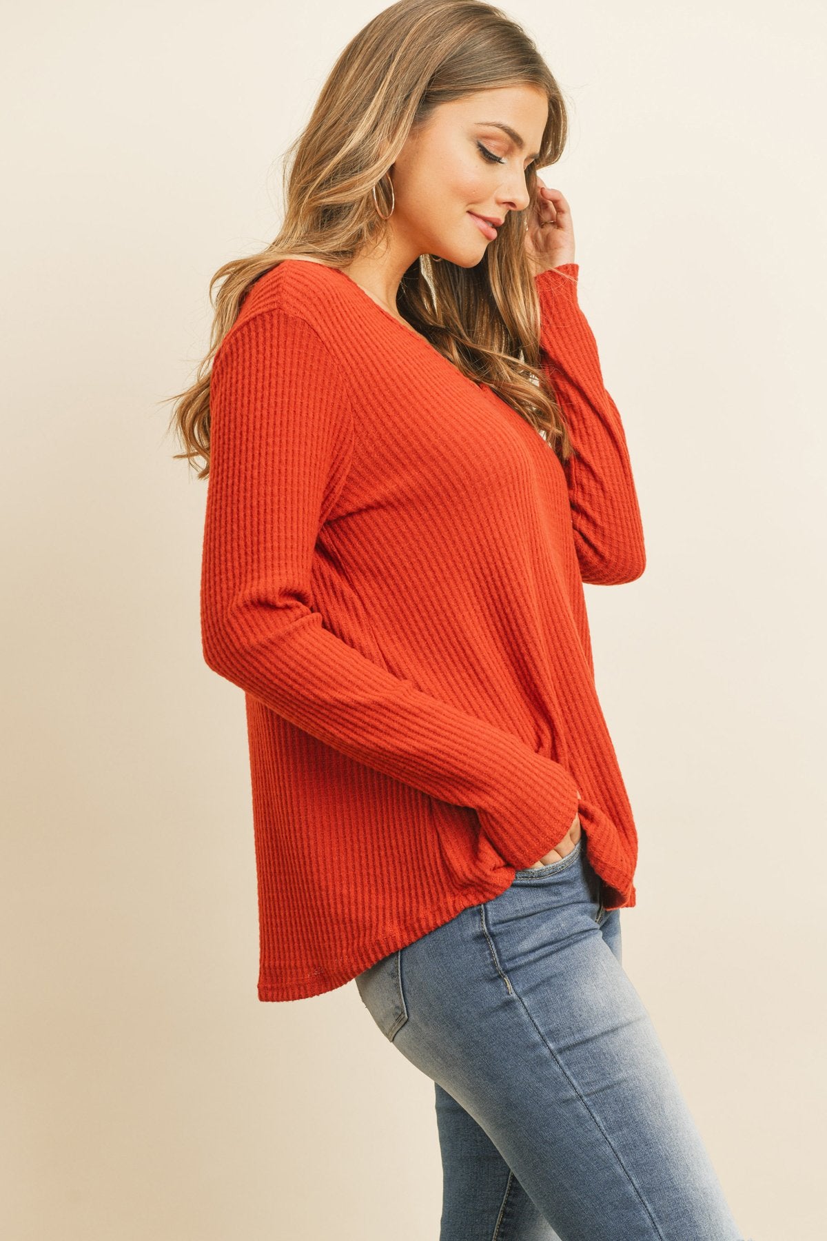 Riah Fashion - V-Neck Long Sleeved Waffle Top - 7 COLORS -