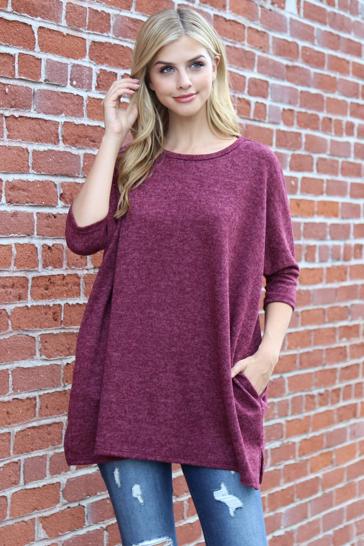 Riah Fashion - Two Tone Hacci Oversized Dropped Shoulder Pocket Tunic - 3 COLORS -