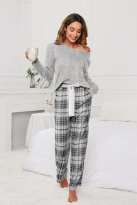 Thumbnail for Round Neck Long Sleeve Top and Bow Plaid Pants Lounge Set - 2 PCS. - T - 3 COLORS -