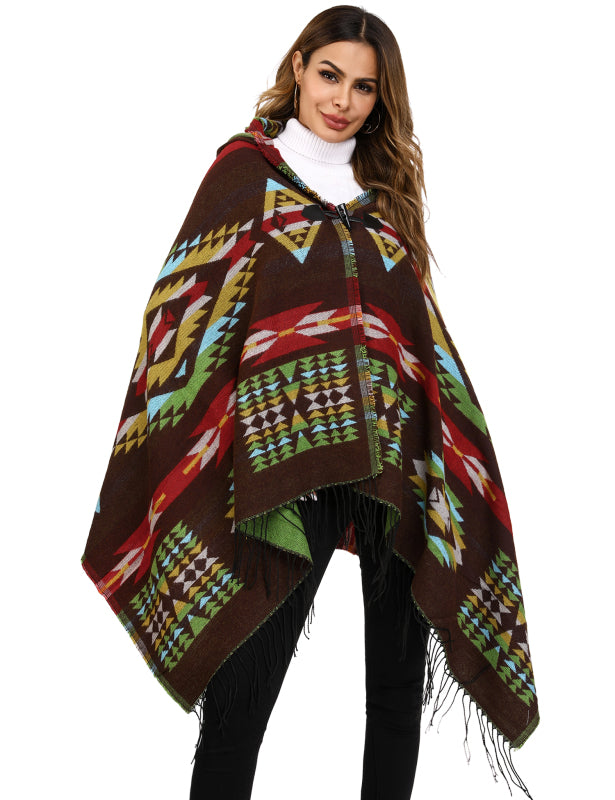 Women's Print or Plain Fringe Hooded Knit Cape Shawl - K - 2 Print patterns - 4 COLORS -