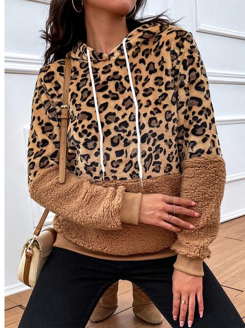 Leopard Drawstring Long Sleeve Hoodie - T - 1 COLOR -