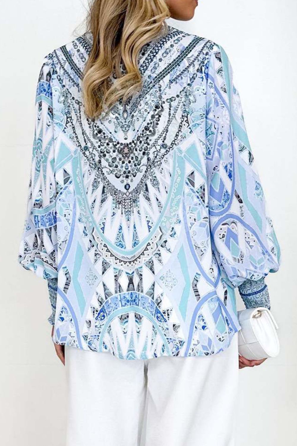 Printed V-Neck Long Sleeve Blouse - T - 2 COLORS -