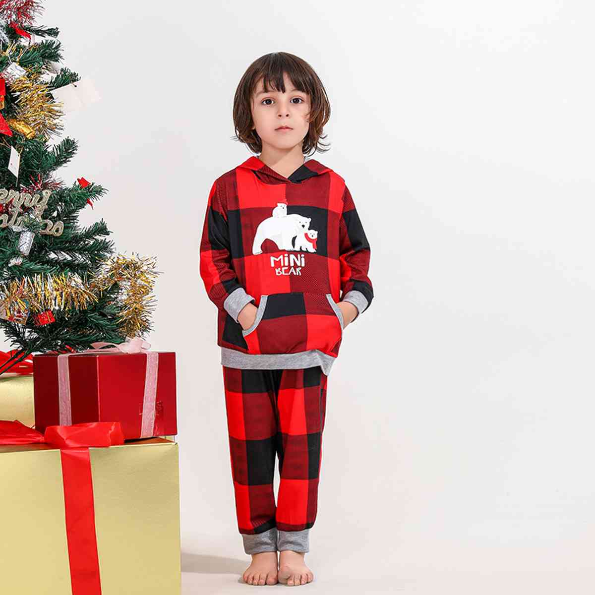 KIDS MINI BEAR Graphic Hoodie and Plaid Pants Set - 2 PCS. - T -