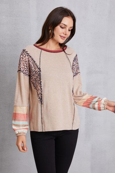 Contrast Stitching Leopard Long Sleeve Blouse - T - 1 COLOR -