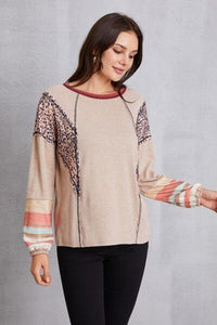 Thumbnail for Contrast Stitching Leopard Long Sleeve Blouse - T - 1 COLOR -