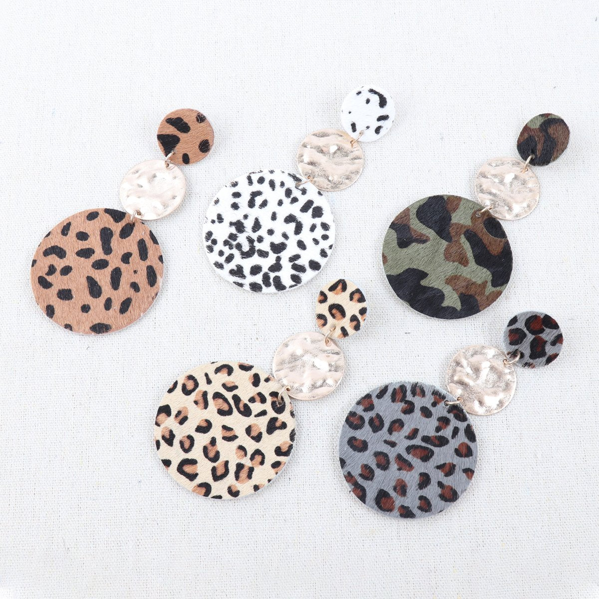 Round Leopard Leather With Metal Link Drop Earrings - 5 COLORS -