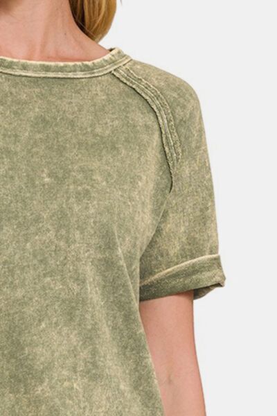 Zenana Heathered Round Neck Short Sleeve Blouse Tee - T - 1 COLOR -