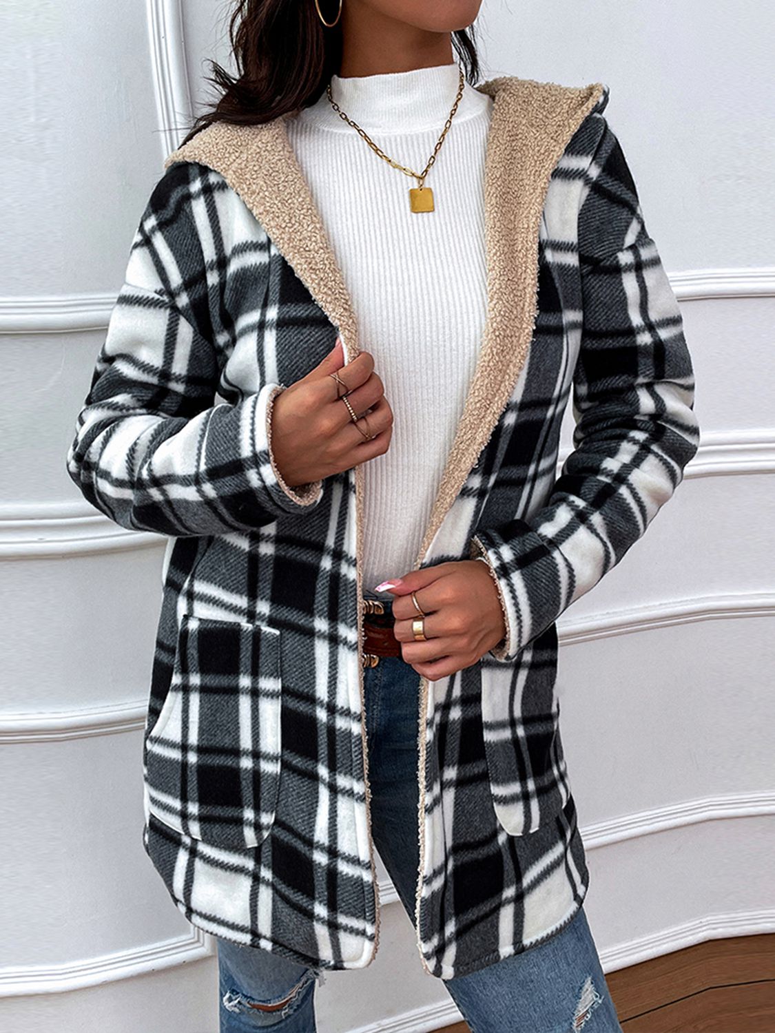 Plaid Hooded Longline JACKET / Coat - T - 1 COLOR -