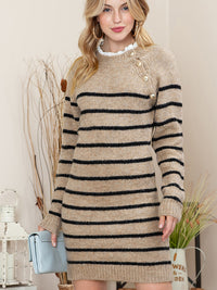 Thumbnail for Striped Round Neck Long Sleeve Sweater Dress - T - 1 COLOR -