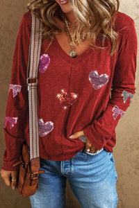 Thumbnail for Sequin Heart V-Neck Long Sleeve T-Shirt - T - 1 COLOR -