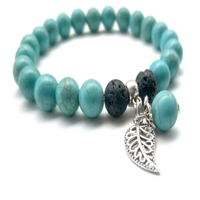 Turquoise Lava Stone Feather Charm Essential Oil Bracelet -