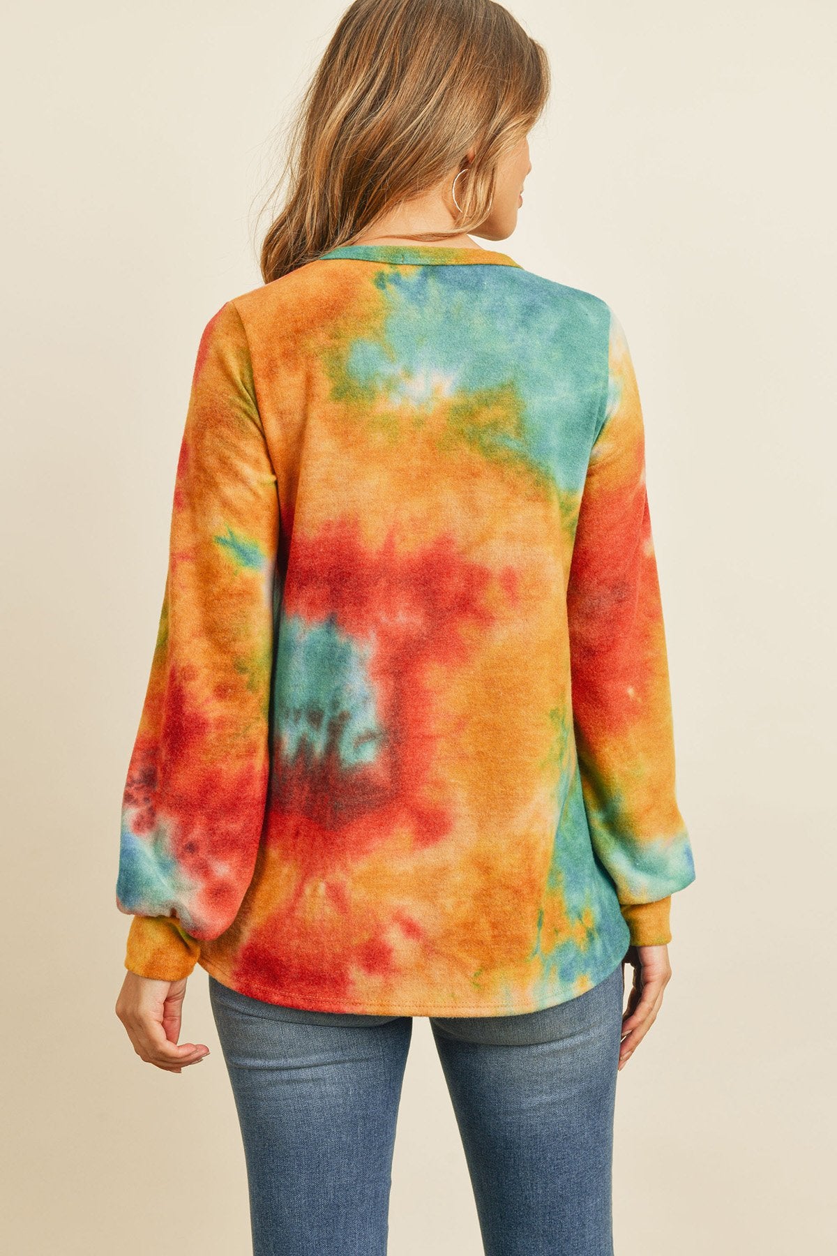 Riah Fashion - Long Sleeve Boat Neck Tie Dye Round Hem Top - 3 COLORS -