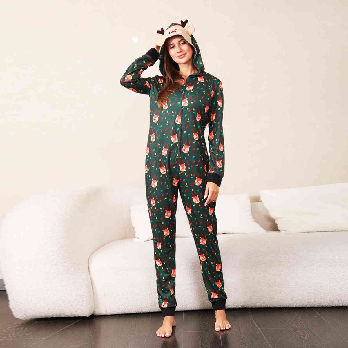 WOMEN Printed Hooded Long Sleeve Jumpsuit - T -