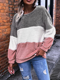 Thumbnail for Color Block Round Neck Teddy Sweatshirt - T - 1 COLOR -