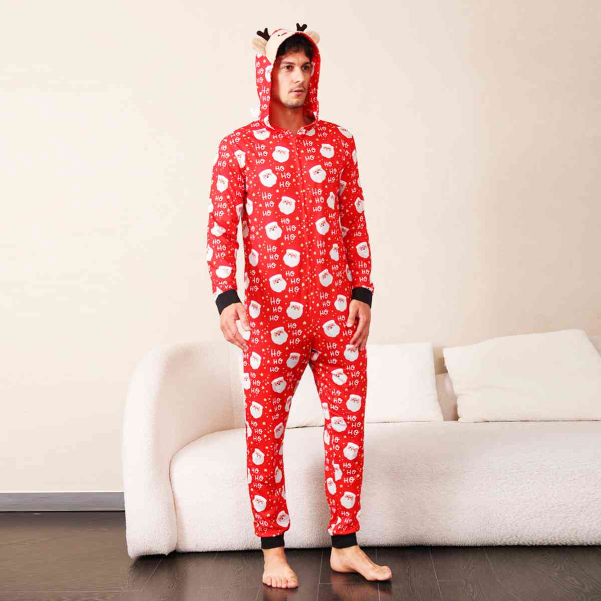 MEN Santa Print Hooded Jumpsuit - T -