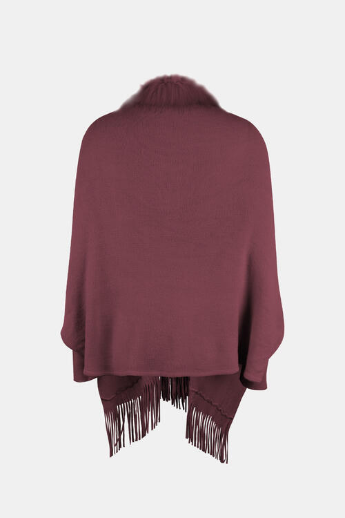 Fringe Open Front Long Sleeve Poncho - 1 SIZE - T - 6 COLORS -