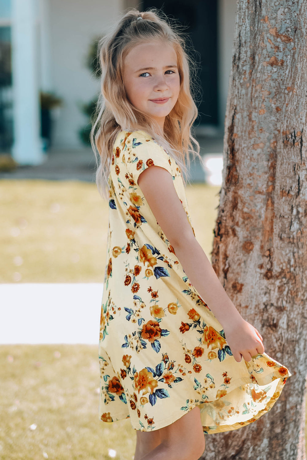 Girls Floral Round Neck Short Sleeve Dress with Pockets - T - 4 SIZES - 2 COLORS -