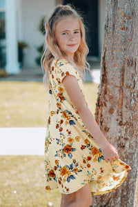 Thumbnail for Girls Floral Round Neck Short Sleeve Dress with Pockets - T - 4 SIZES - 2 COLORS -