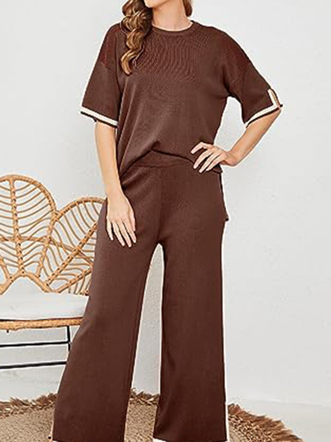 Contrast High-Low Sweater and Knit Pants Set - T - 7 COLORS -