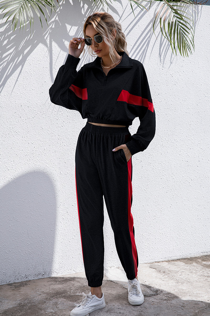 Turtle Neck Long Sleeve Zip-Up Top Long Pants Set - 2 PCS. - T - 3 COLORS -