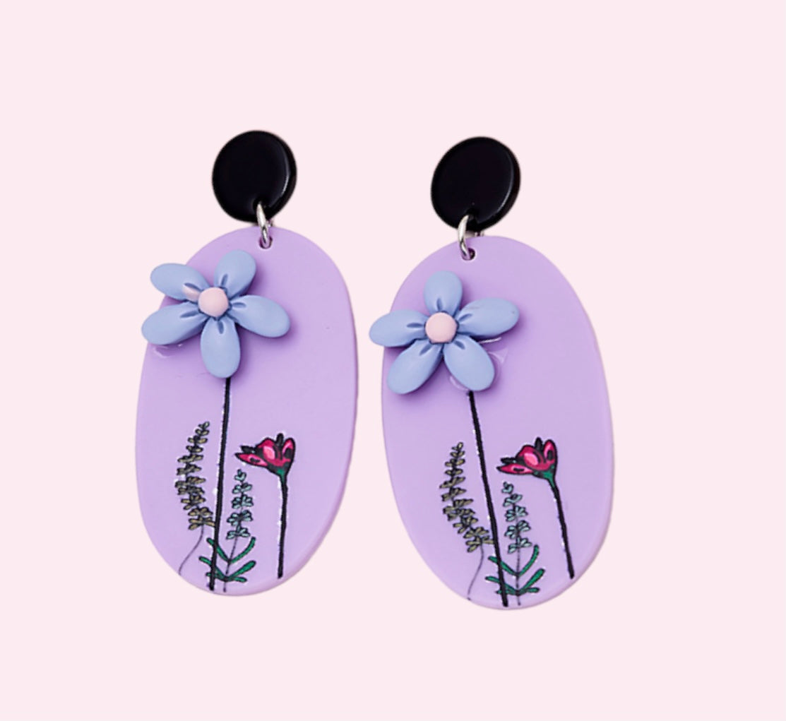 Purple Floral Vibrant Flower Polymer Clay Statement Earrings, Floral Earrings -