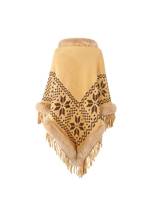 Fringe Geometric Cape Sleeve Poncho - 1 SIZE FIT - T - 6 COLORS -