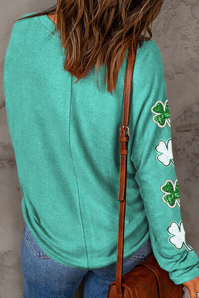 Lucky Clover Sequin Round Neck Sweatshirt - T - 1 COLOR -