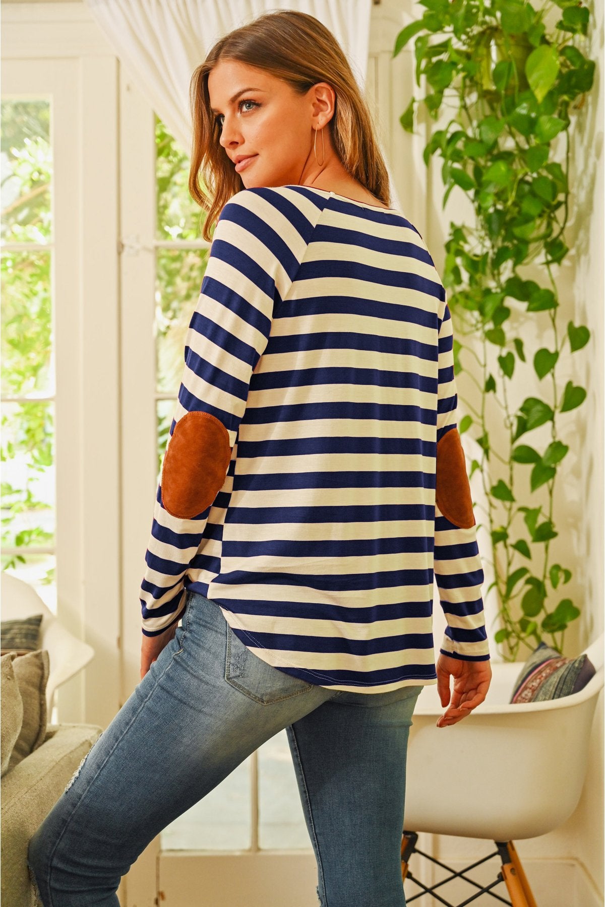 Riah Fashion - Elbow Suede Patch Striped Tunic - 6 COLORS -