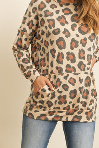 Thumbnail for Riah Fashion - Kangaroo Pocket Long Sleeve Leopard Top - 2 COLORS -