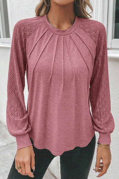 Heathered Round Neck Long Sleeve T-Shirt - T - 2 COLORS -