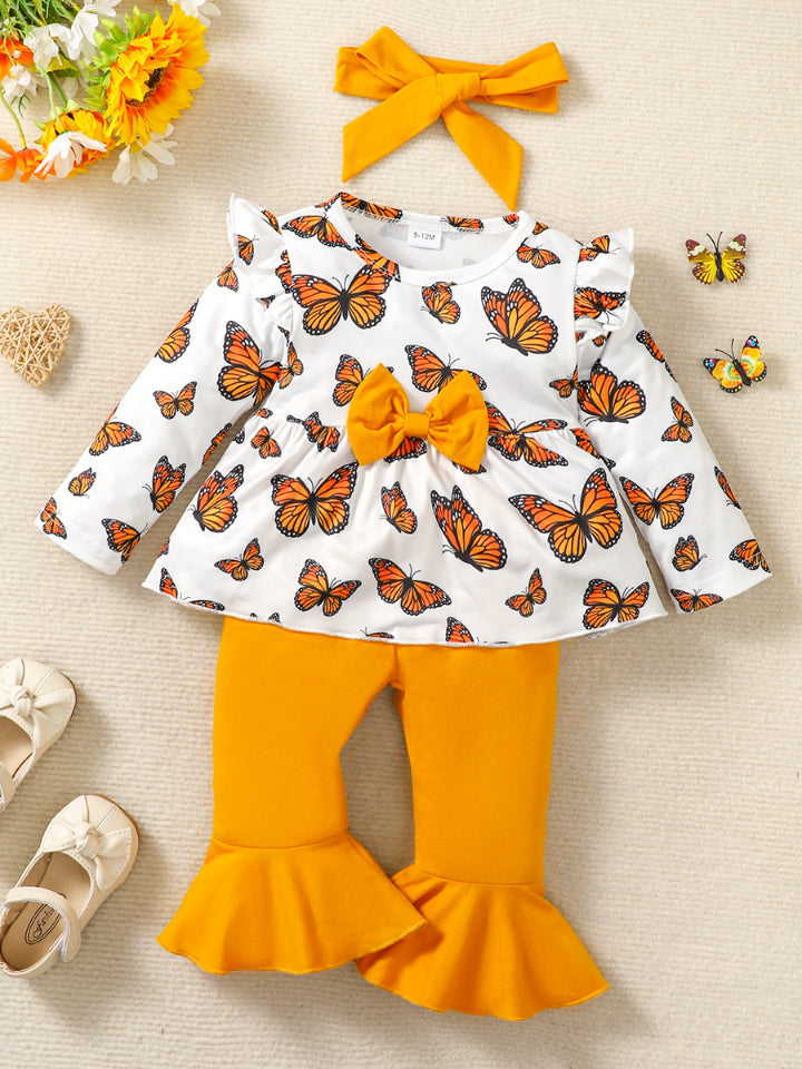 Butterfly Print Top and Pants Set with Headband - 3 PCS. - T - 1 COLOR -