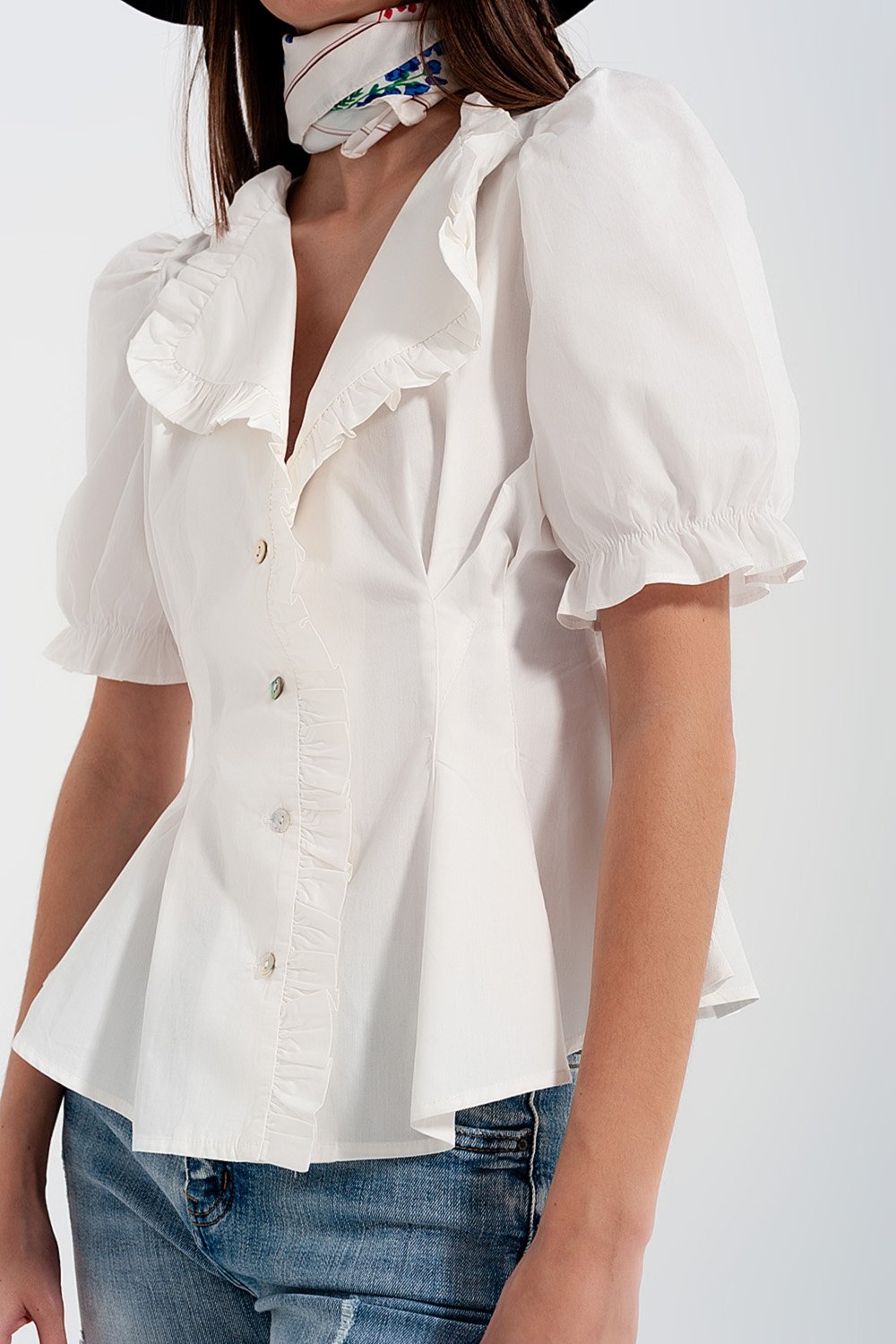 Q2 - Poplin Frill Detail Wrap Blouse in Cream - 1 COLOR -