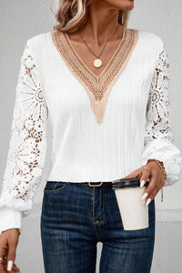 Thumbnail for Lace Detail V-Neck Long Sleeve Blouse - T - 1 COLOR -