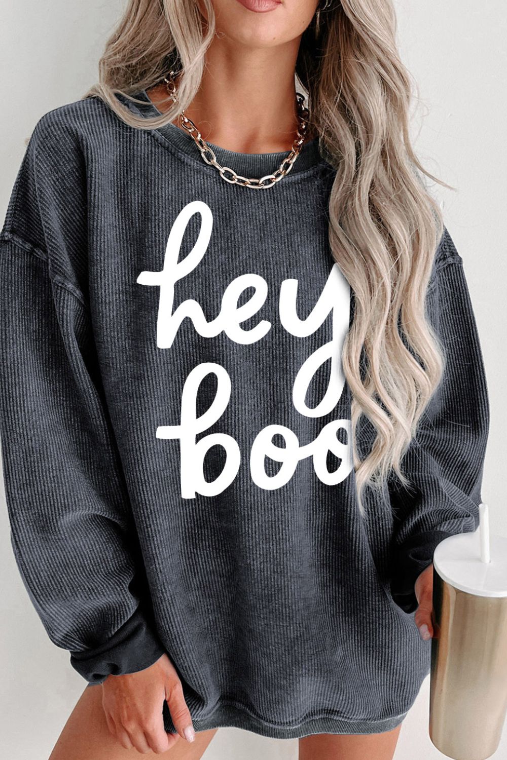 Round Neck Dropped Shoulder Graphic Sweatshirt - 1 COLOR -