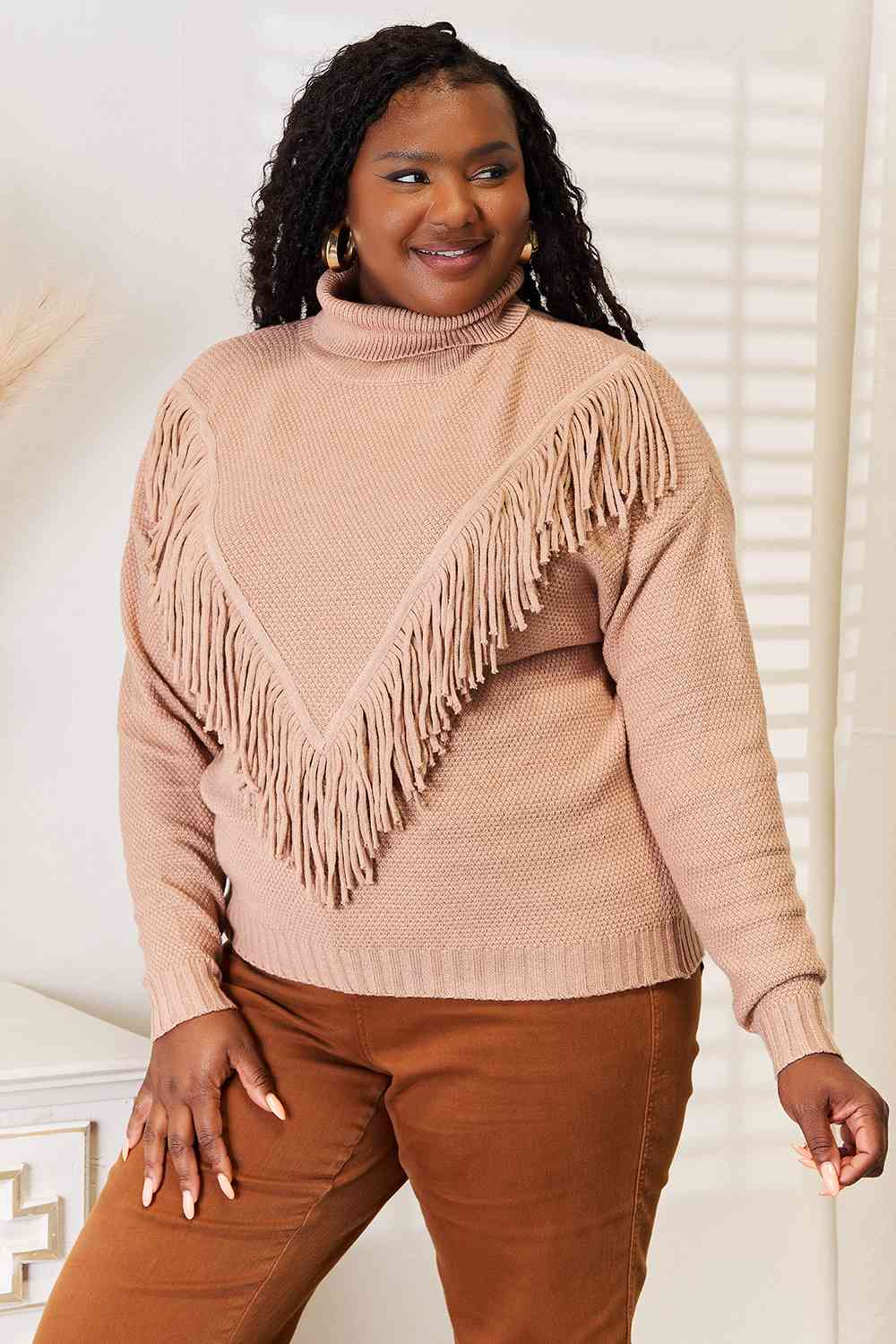 Woven Right Turtleneck Fringe Front Long Sleeve Sweater - T - 1 COLOR -