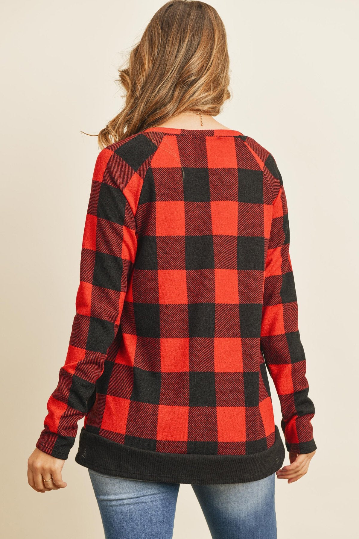 Riah Fashion - Checker Plaid V-Neck Long Sleeve Top - 2 COLORS -